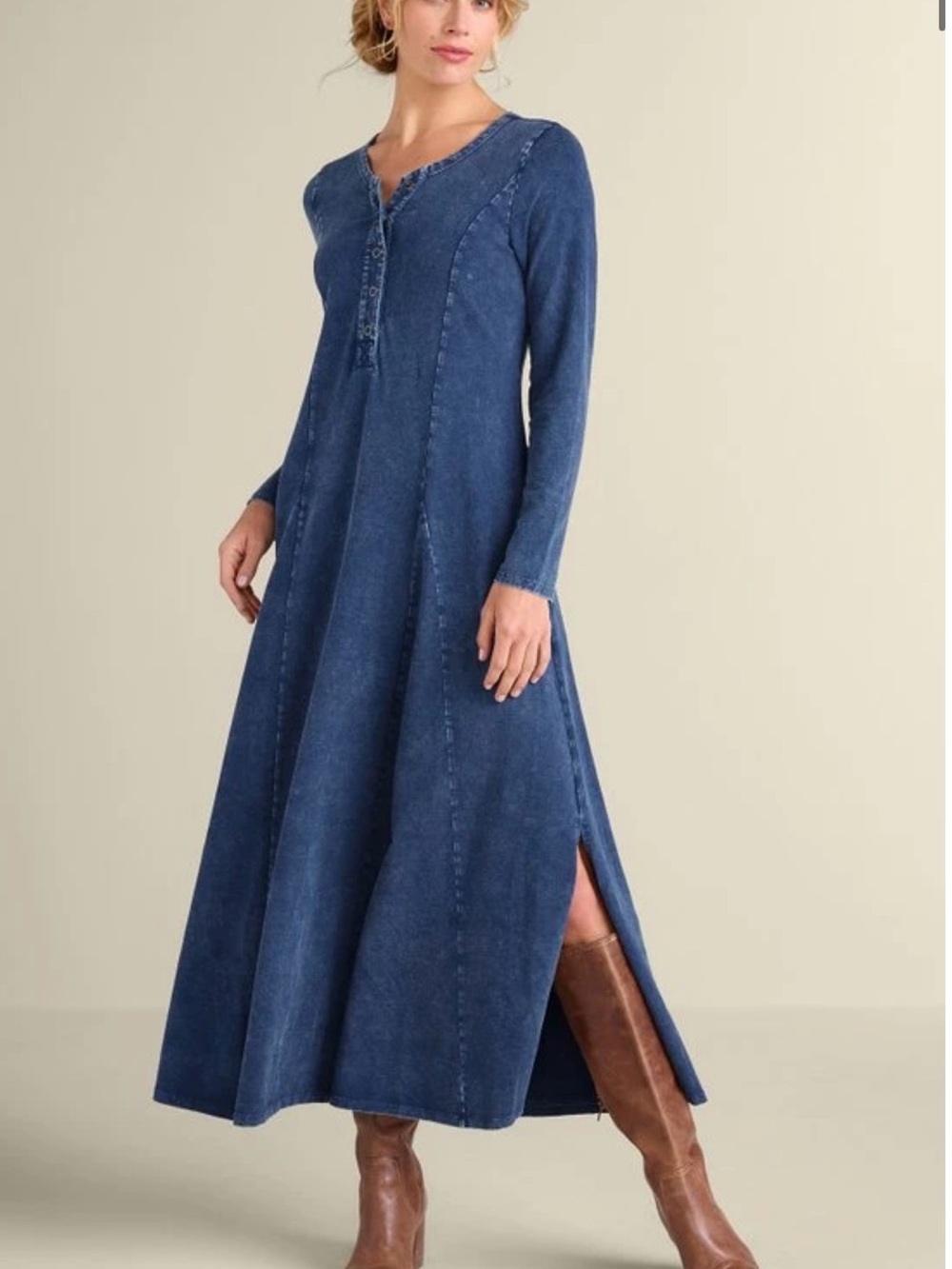 Soft Surroundings Janet knit denim look Maxi Dress w/Long Sleeves minimalist PM